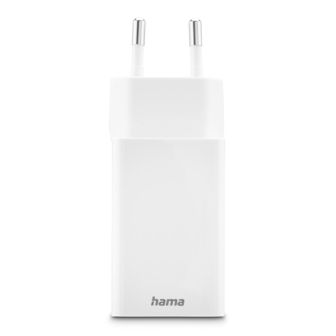 Ein weißes Hama-Ladegerät mit zwei Metallstiften oben. Der Markenname 'hama' steht unten.