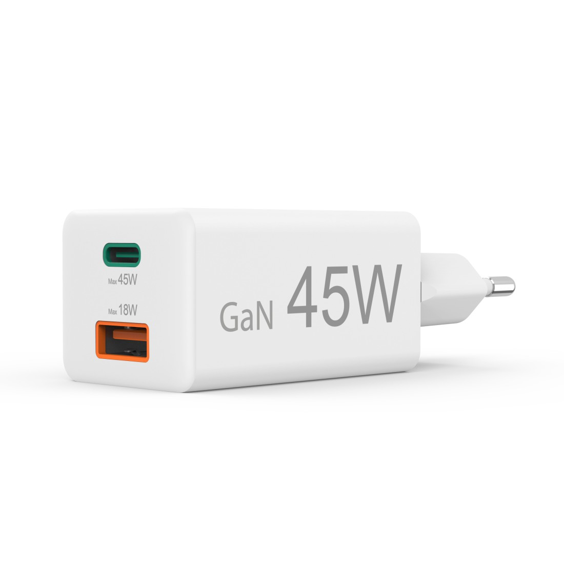 Ein weißes GaN 45W Ladegerät. Es hat einen USB-C- und einen USB-A-Anschluss. Das Ladegerät hat einen Stecker für eine Steckdose. Der Text GaN und 45W sind sichtbar.