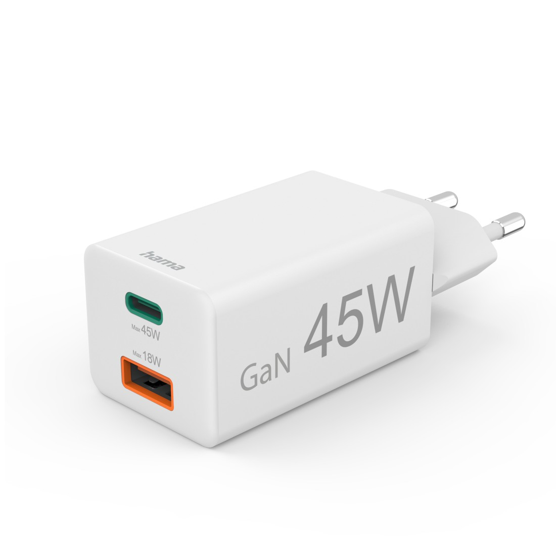 Ein weißes Hama GaN 45W Ladegerät mit zwei Anschlüssen, einem grünen und einem orangenen. Es hat einen Stecker.