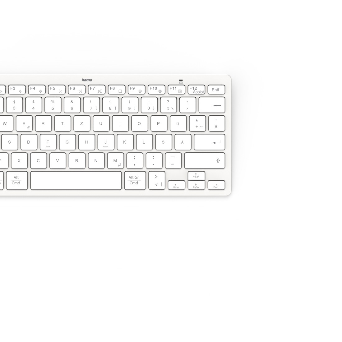 Eine weiße kabellose Tastatur mit schwarzen Tasten. Die Tastatur liegt auf einer weißen Oberfläche. Die Marke 'hama' ist sichtbar.