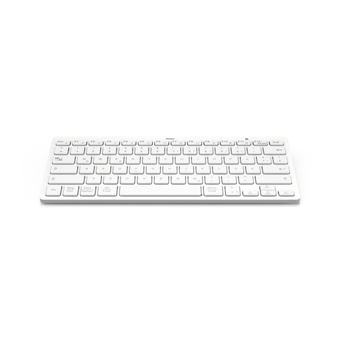 Eine weiße, kabellose Tastatur ist auf weißem Hintergrund zentriert. Sie hat Standardtasten, einschließlich Funktionstasten und Nummernblock.