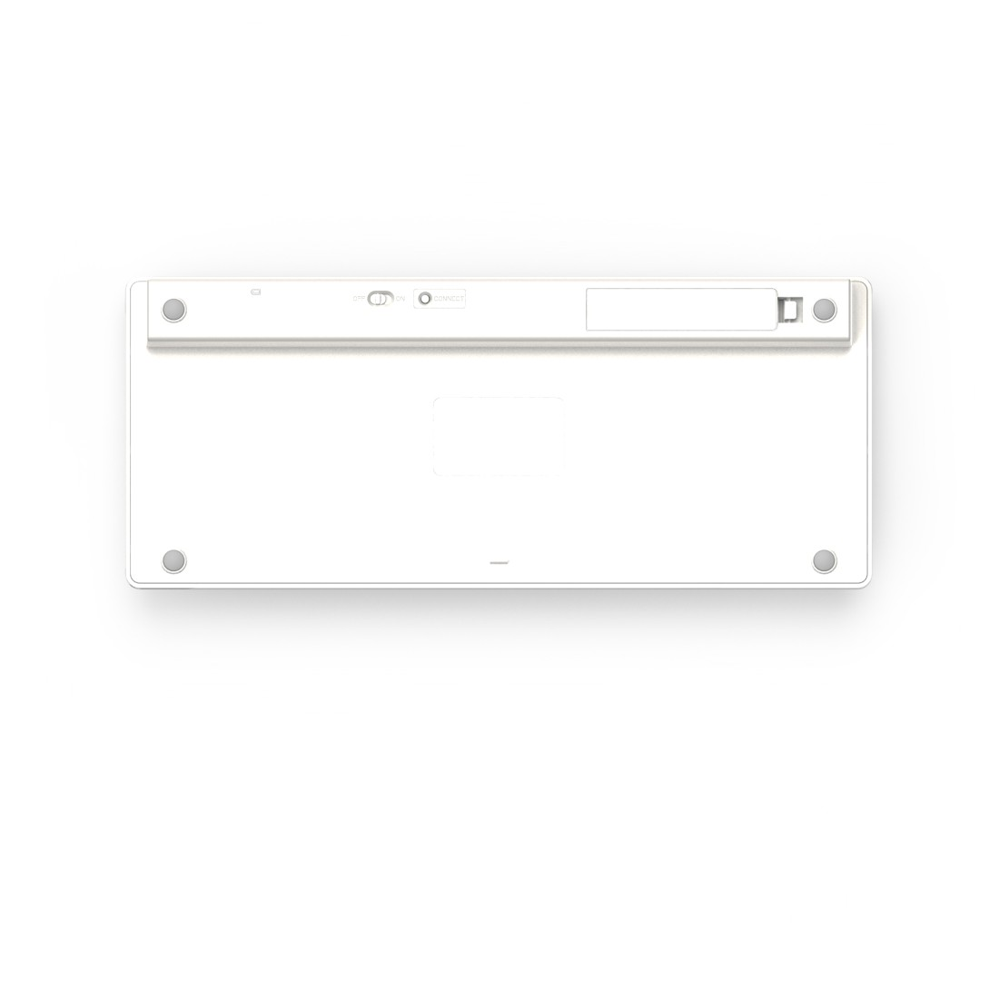 Eine weiße Tastatur von oben gesehen. Sie hat einen Netzschalter, eine Verbindungstaste und mehrere runde Füße. Die Tastatur ist sauber und einfach.