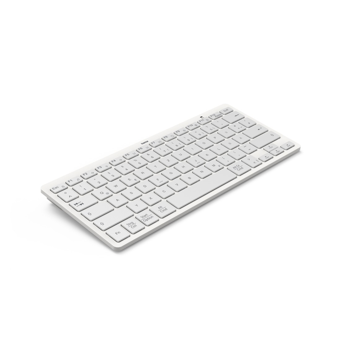 Eine weiße Tastatur auf weißem Untergrund. Tasten mit Buchstaben, Zahlen und Funktionstasten sind sichtbar. Die Tastatur ist leicht angewinkelt.