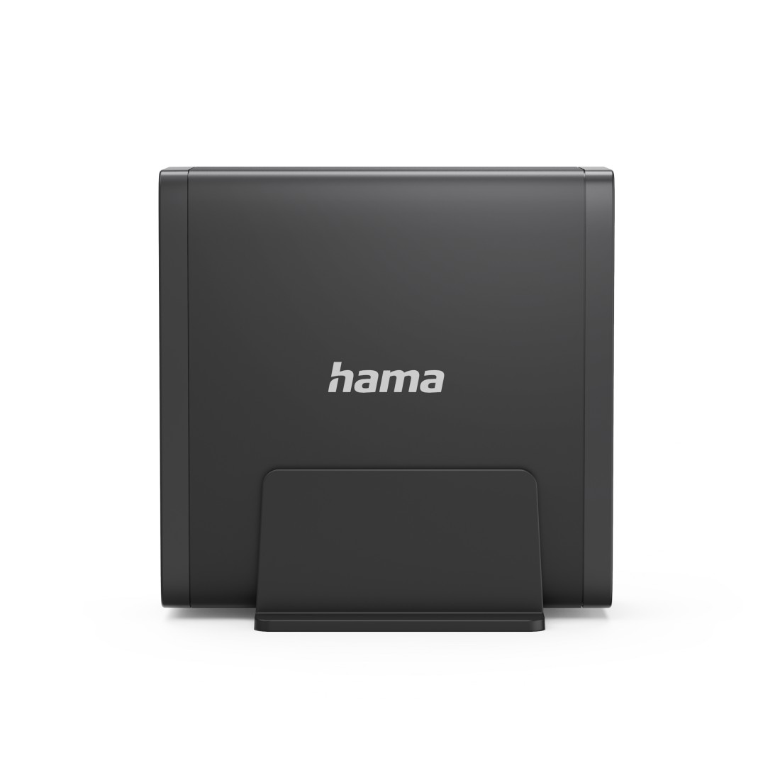 Ein schwarzes Gerät mit 'hama'-Logo. Es hat einen Ständer und befindet sich vor weißem Hintergrund.