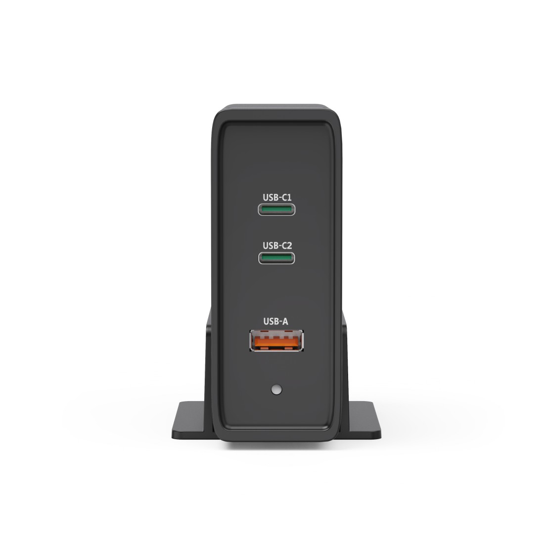 Eine schwarze USB-Ladestation mit drei Anschlüssen: USB-C1, USB-C2 und USB-A, alles auf weißem Hintergrund.