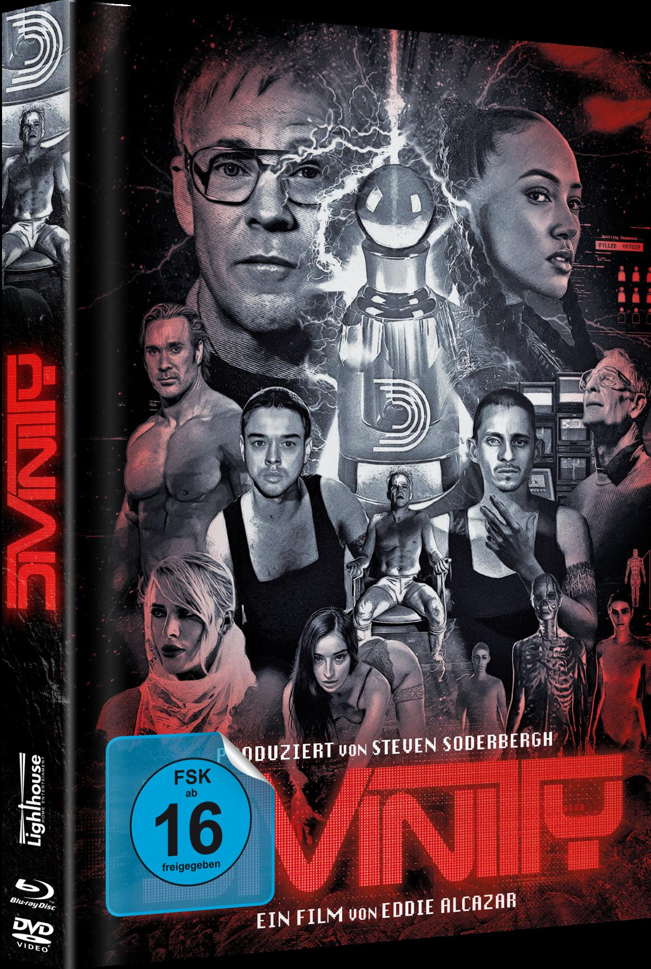 Filmposter mit Gesichtern und Figuren. Titel 'VINYL', blauer Altersfreigabe-Aufkleber. Dunkel, dramatisch und futuristisch.