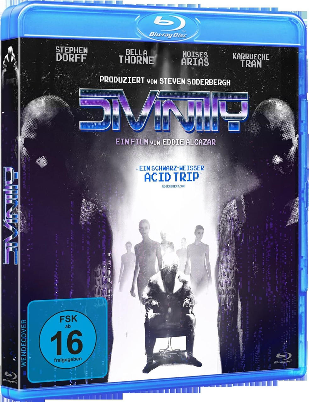 Blu-ray-Disc-Cover. Dunkler Hintergrund mit dem Filmtitel 'DIVINITY'. Namen der Schauspieler und Bewertungsetikett sichtbar.
