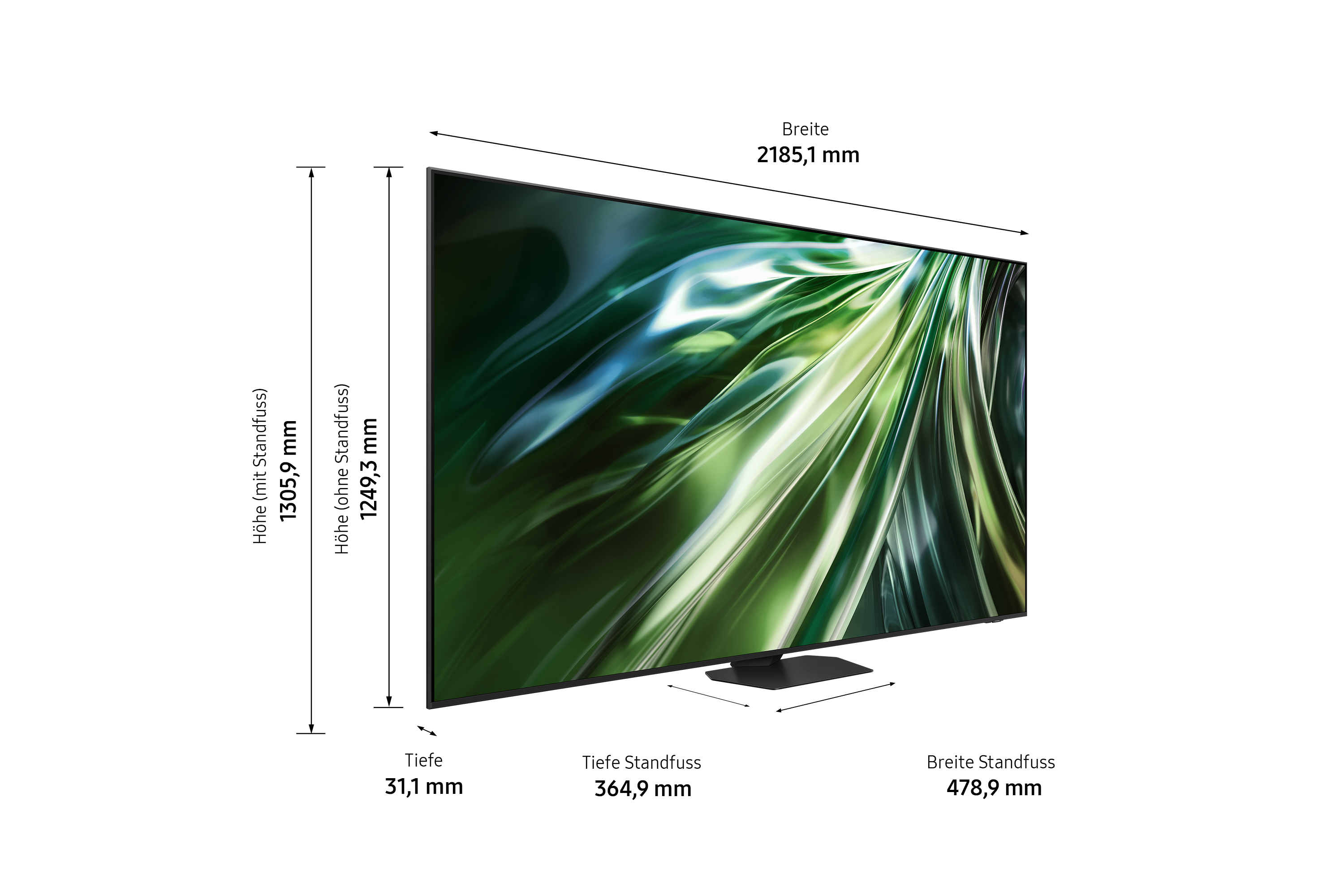 Une grande télévision est affichée avec des dimensions. L'écran affiche un motif abstrait vert et blanc. Les mesures sont affichées.
