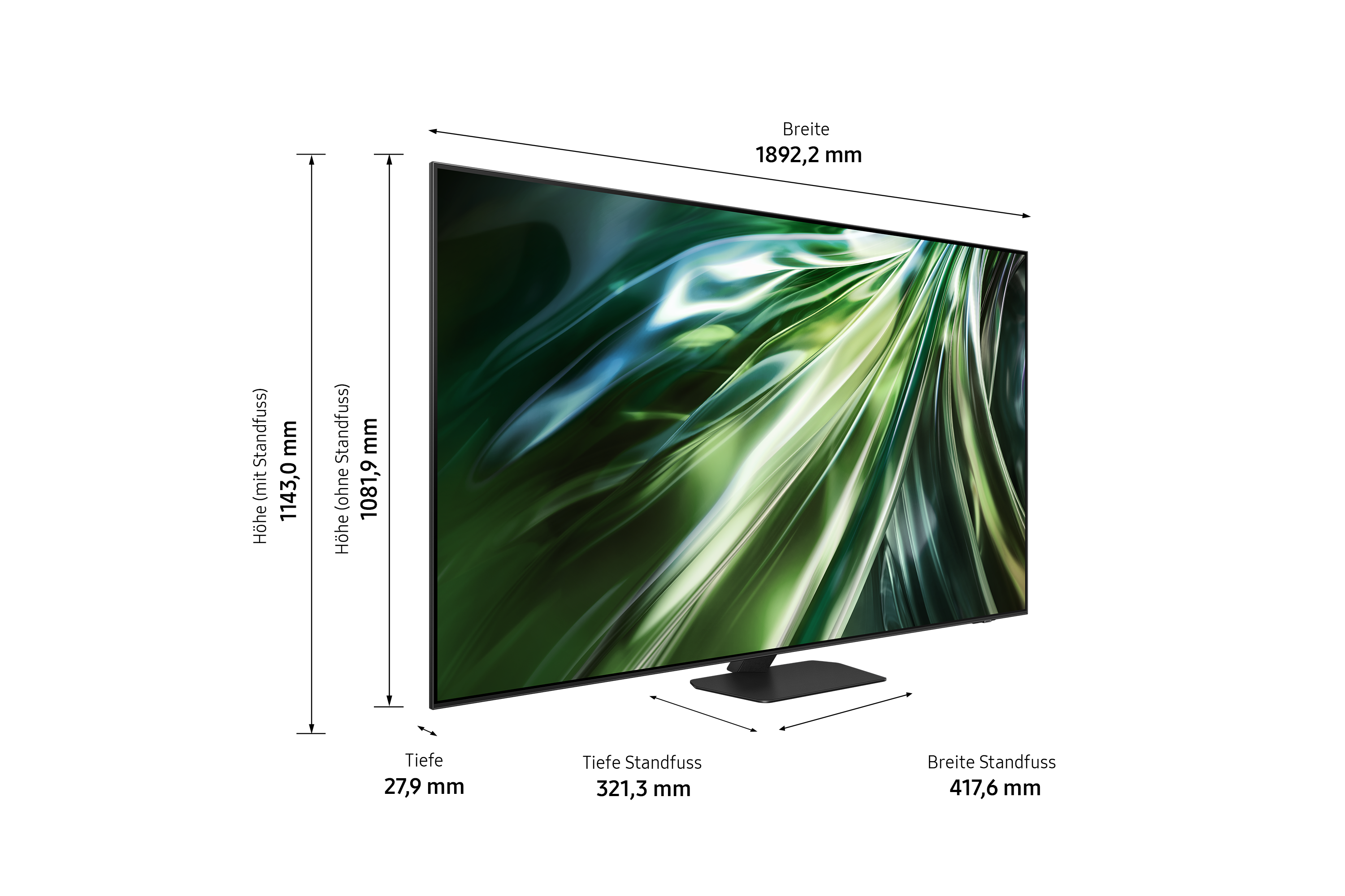 Un grand téléviseur est affiché. Les dimensions sont fournies. Fond abstrait vert et blanc. Support noir.