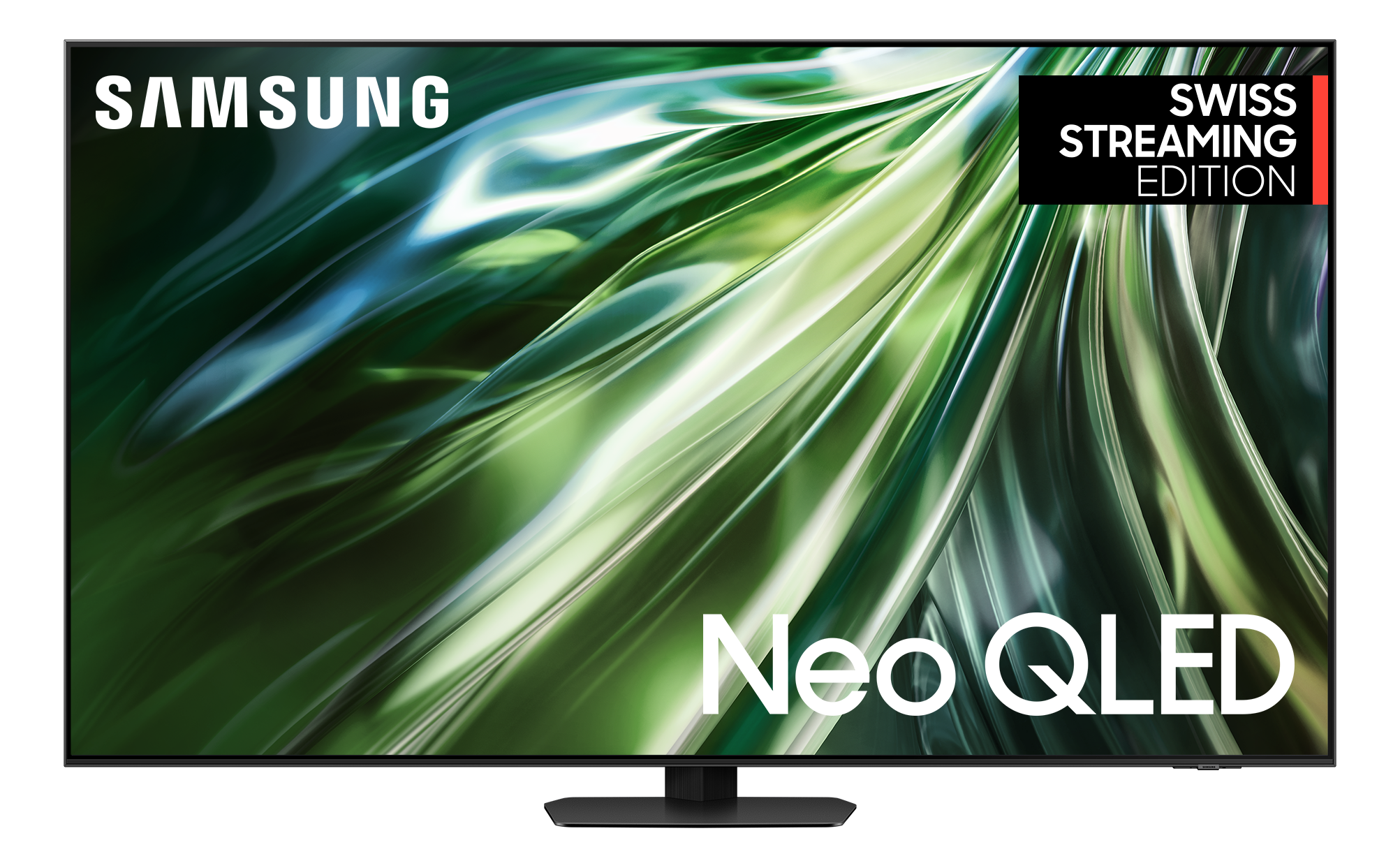 Un televisore Samsung Neo QLED. Lo schermo mostra motivi astratti verdi e bianchi. In alto a sinistra c'è il logo 'SAMSUNG'.
