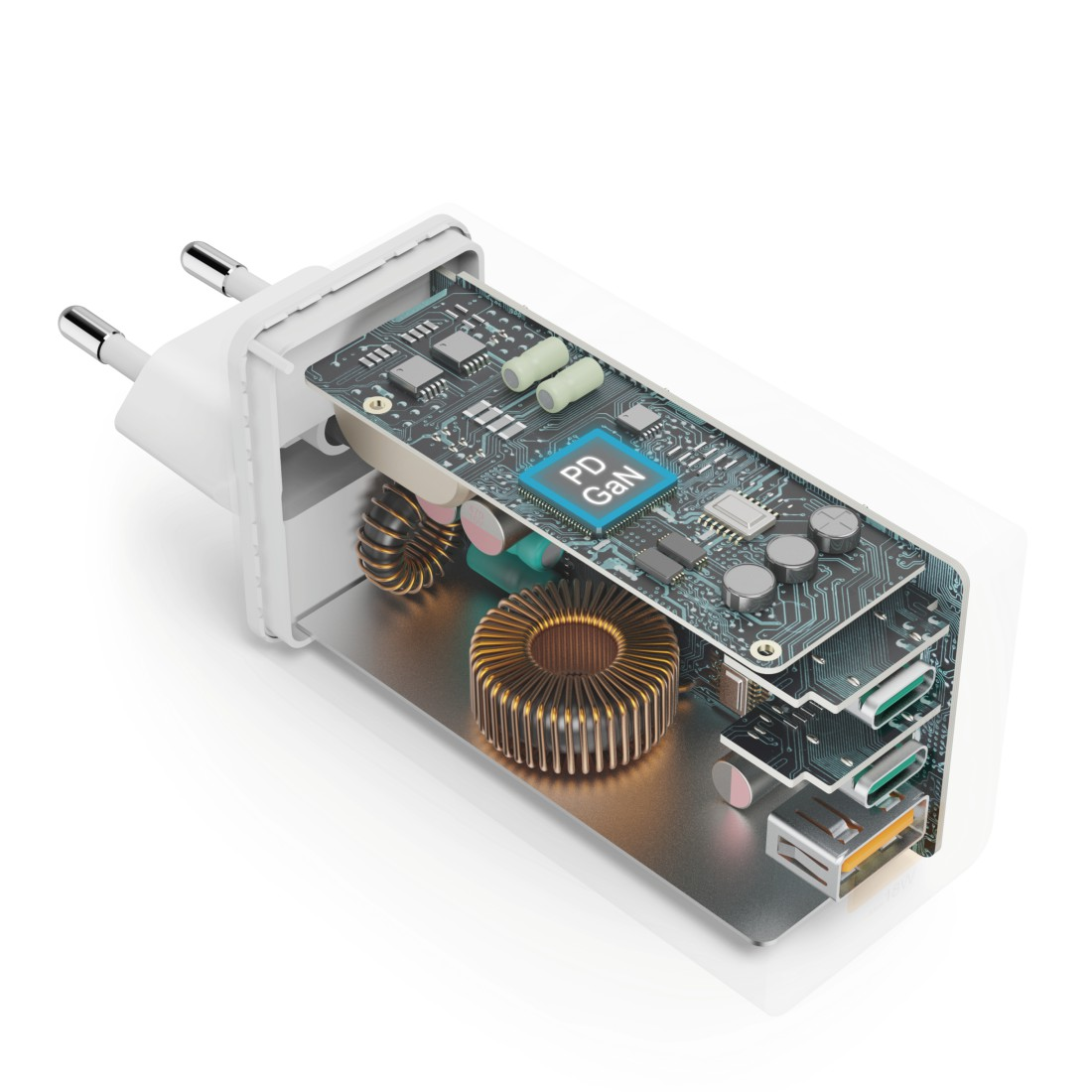 Schnittansicht eines weißen Netzteils mit Innenkomponenten, darunter eine Platine, ein Transformator und USB-Anschlüsse.