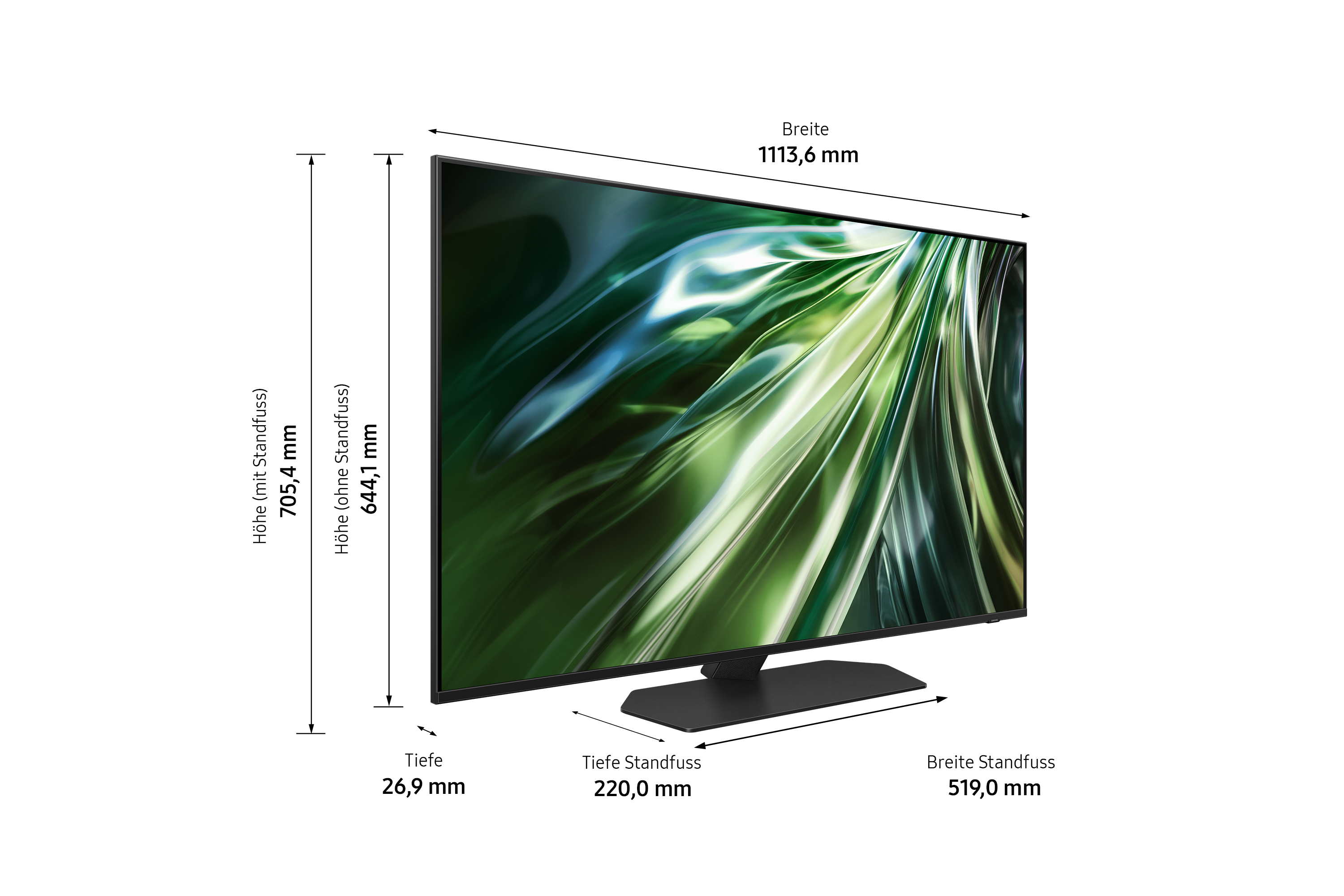 Uno schermo TV con design astratto verde su un supporto. Le dimensioni sono visualizzate nell'immagine.
