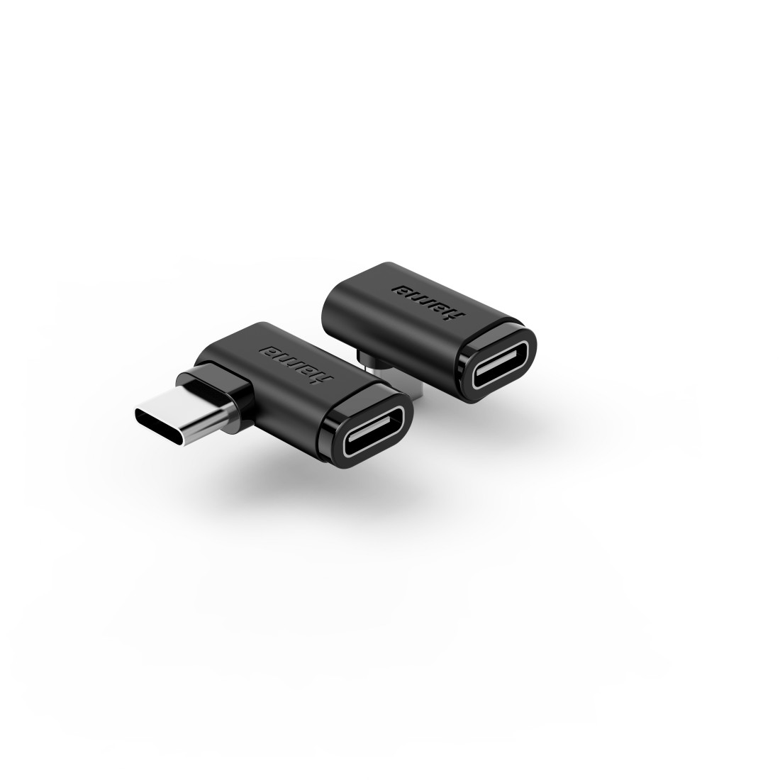 Zwei schwarze USB-C-Adapter mit dem Markennamen "hama" auf weißem Hintergrund. Einer ist abgewinkelt.