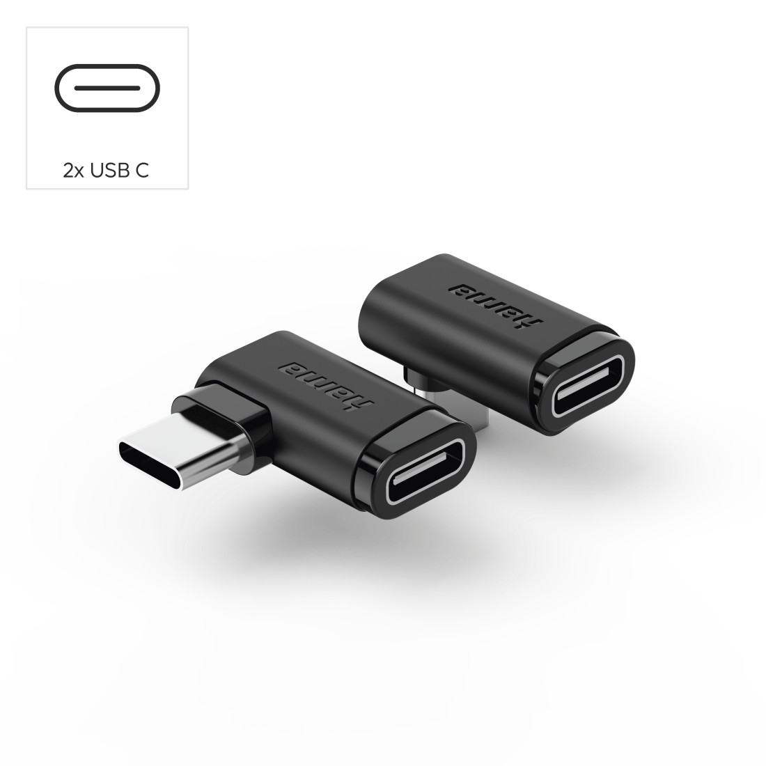 Zwei schwarze USB-C-Adapter auf weißem Untergrund. Einer hat einen silbernen Stecker. Ein weißes Etikett zeigt USB-C und ein Symbol.