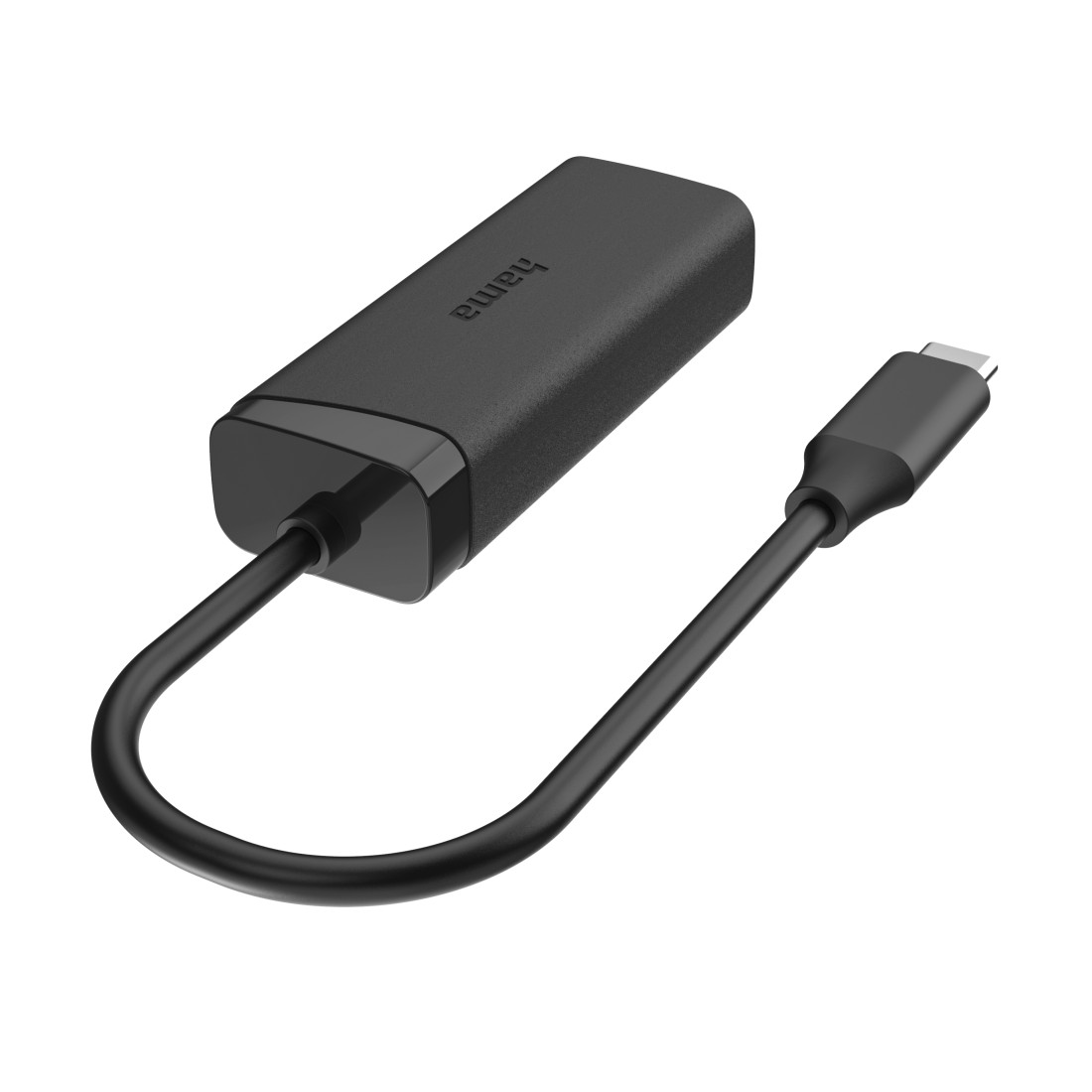 Ein schwarzer Hama USB-C-Adapter. Er hat einen rechteckigen Körper und ein Kabel mit einem USB-C-Anschluss.