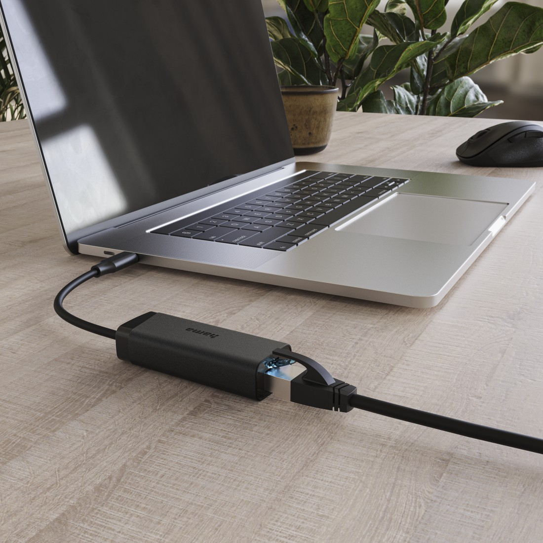 Laptop mit schwarzem Adapter und Ethernet-Kabel verbunden. Szene auf Holztisch mit Maus und Pflanze im Hintergrund.