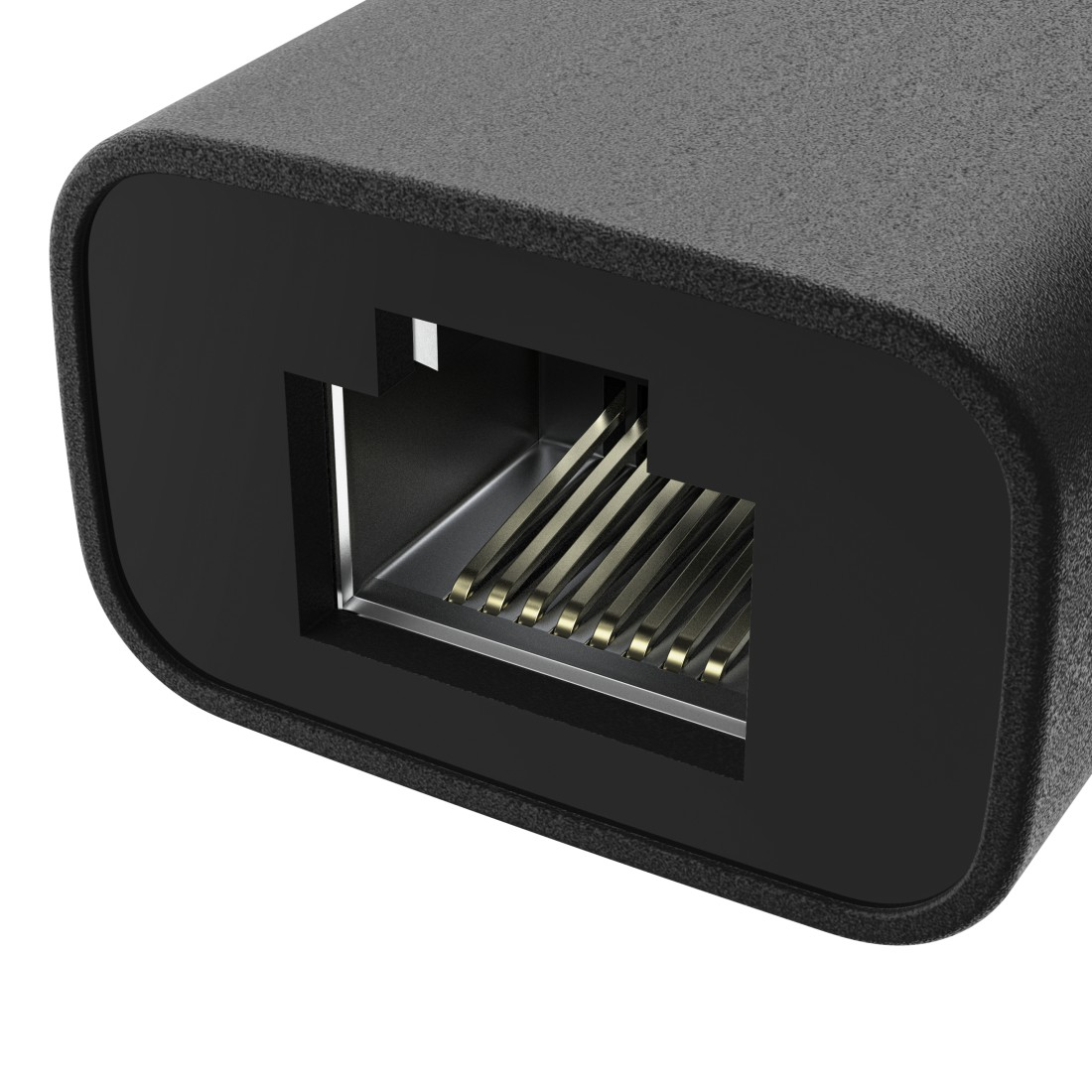 Nahaufnahme eines schwarzen RJ45-Ethernet-Adapters. Die metallischen Stifte sind im Port vor weißem Hintergrund sichtbar.