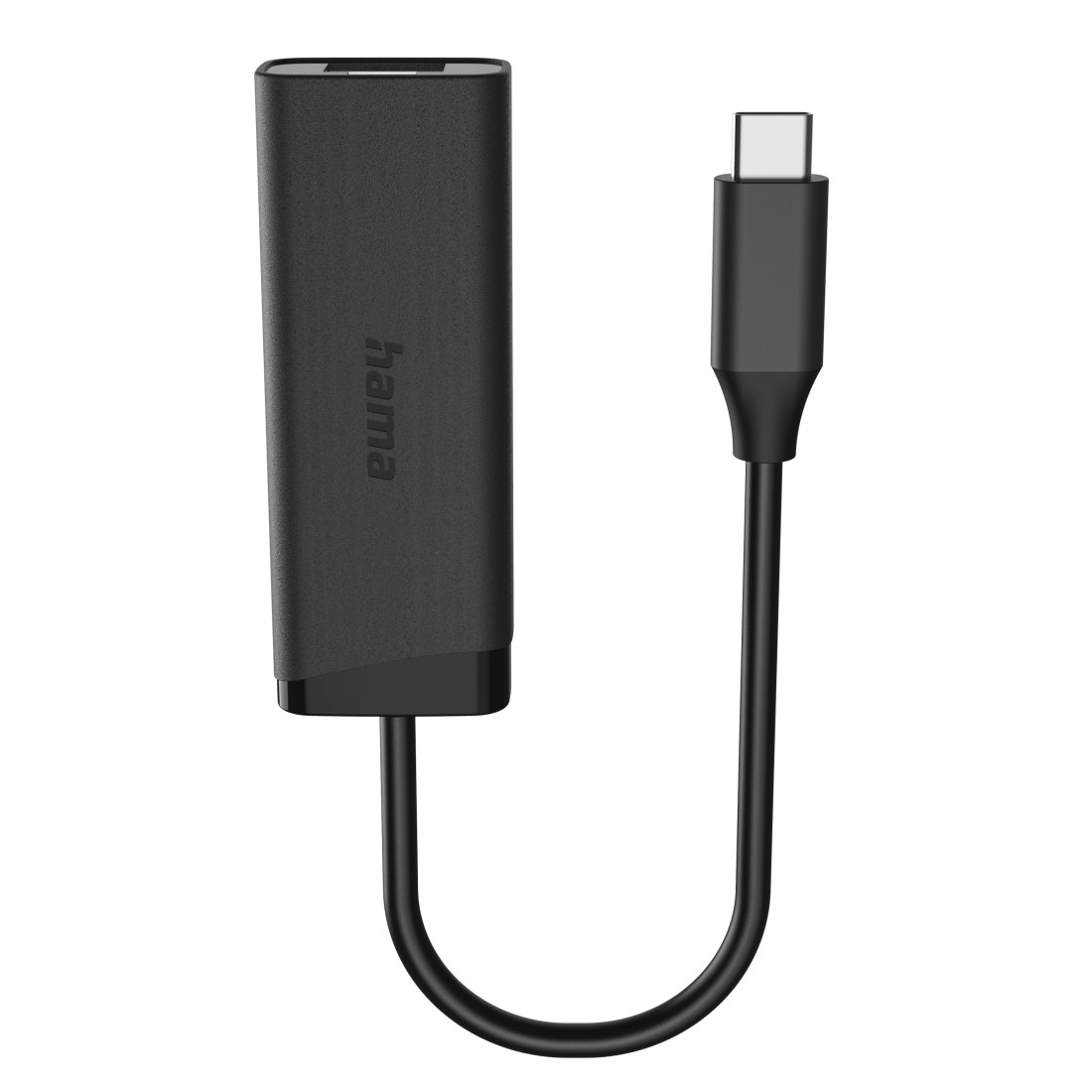 Schwarzer Hama USB-C-Adapter. Er hat einen rechteckigen Körper und ein gebogenes Kabel zu einem USB-C-Stecker.