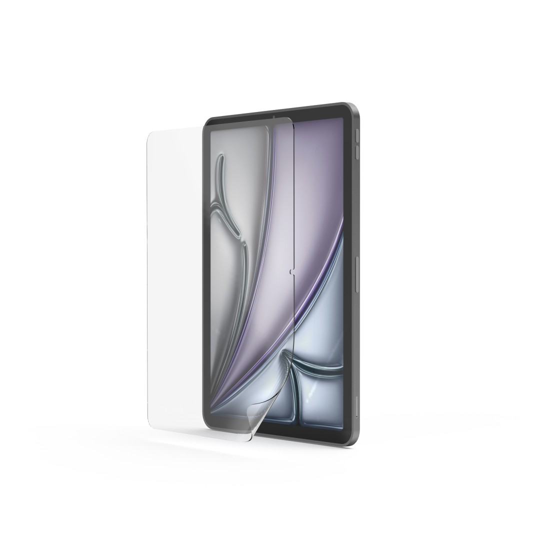 Ein Tablet mit Displayschutzfolie wird gezeigt, die Folie wird angebracht. Das Tablet ist dunkelgrau, mit glänzendem Bildschirm.