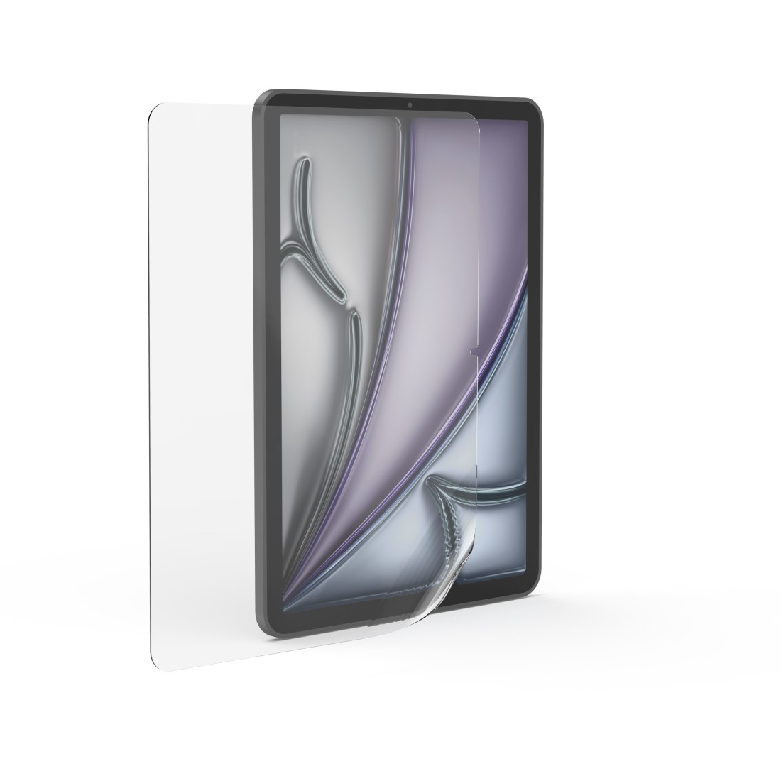Ein Tablet mit einer angebrachten Displayschutzfolie. Die Folie ist teilweise abgezogen und gibt den Bildschirm frei.