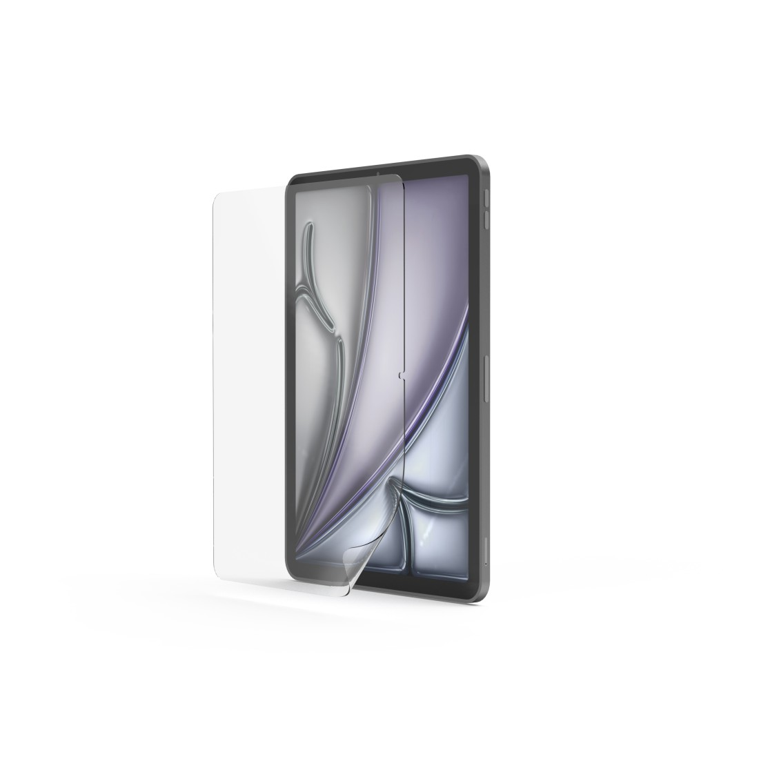 Ein Tablet, auf das eine Displayschutzfolie aufgebracht wird. Die Schutzfolie ist teilweise abgezogen. Der Hintergrund ist weiß.