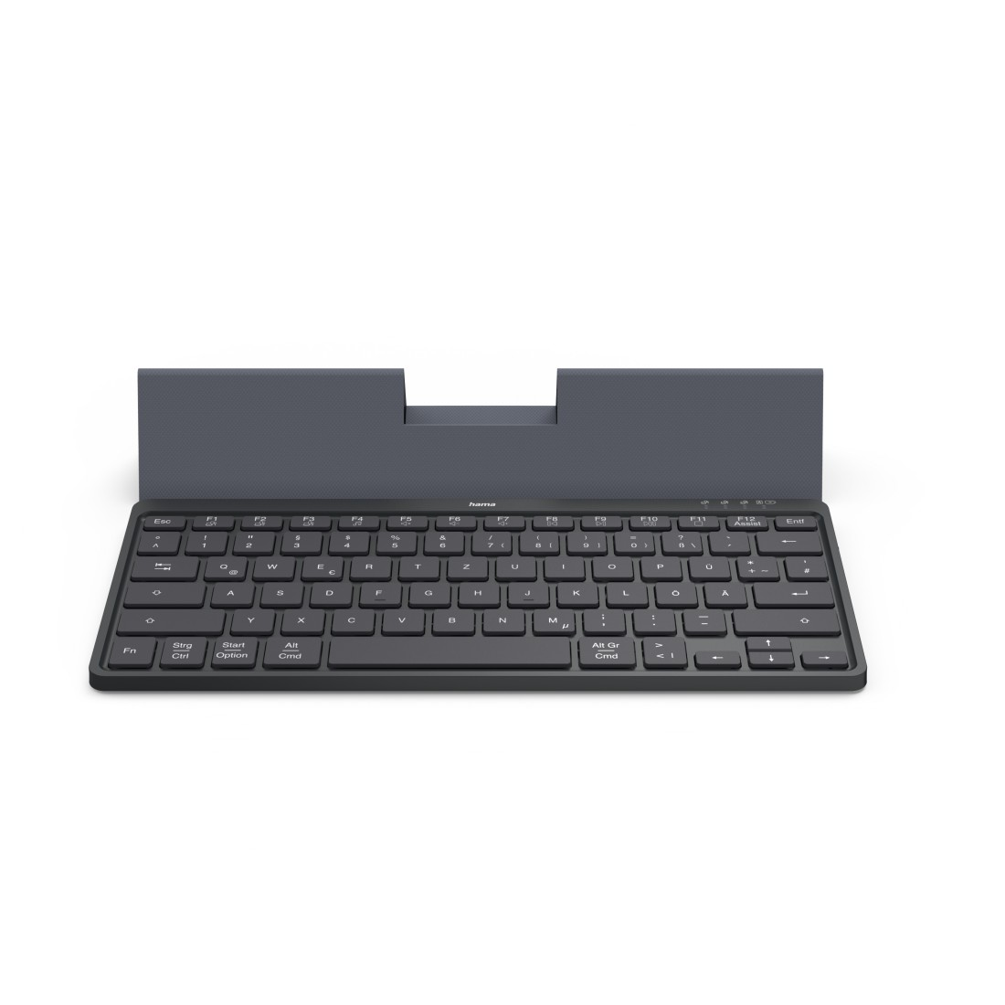 Eine dunkelgraue Tastatur mit passender Abdeckung wird vor weißem Hintergrund gezeigt. Die Tastatur hat verschiedene Tasten und Funktionstasten.