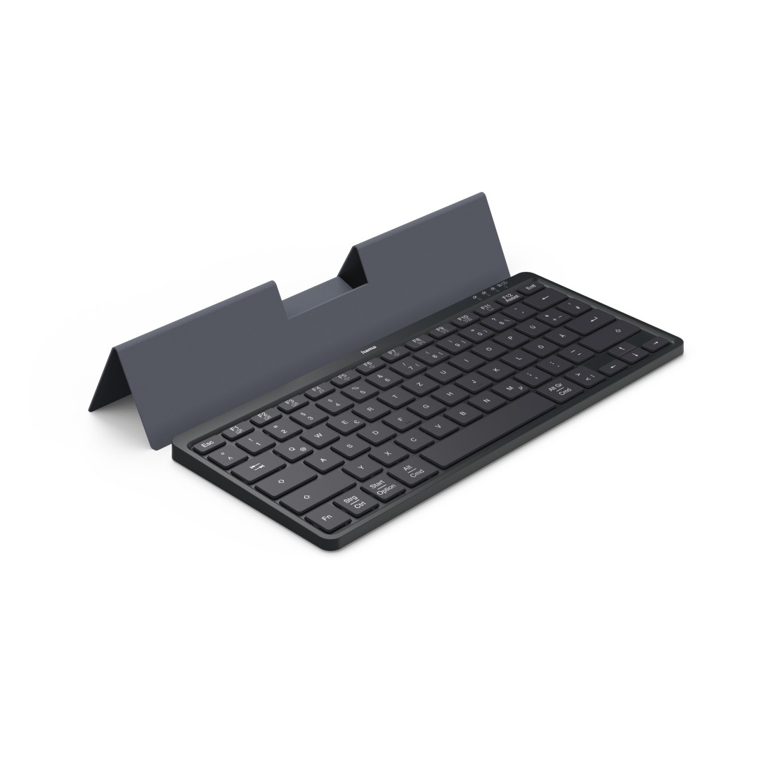 Eine schwarze, kabellose Tastatur mit grauem Cover. Die Tastatur hat weiße Buchstaben und Zahlen. Das Cover steht aufrecht.