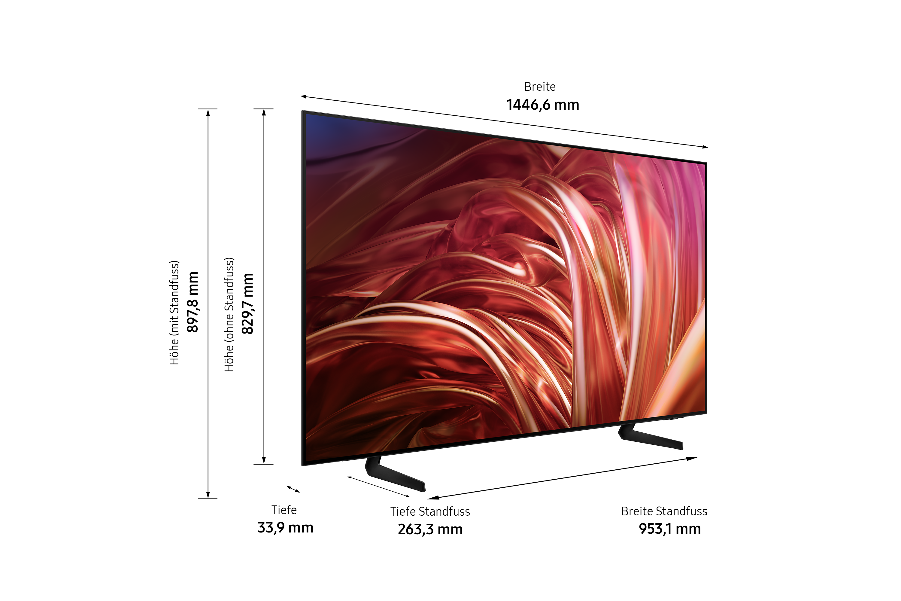 Una grande TV con design astratto rosso e oro. Ha piedini neri e dimensioni in millimetri.