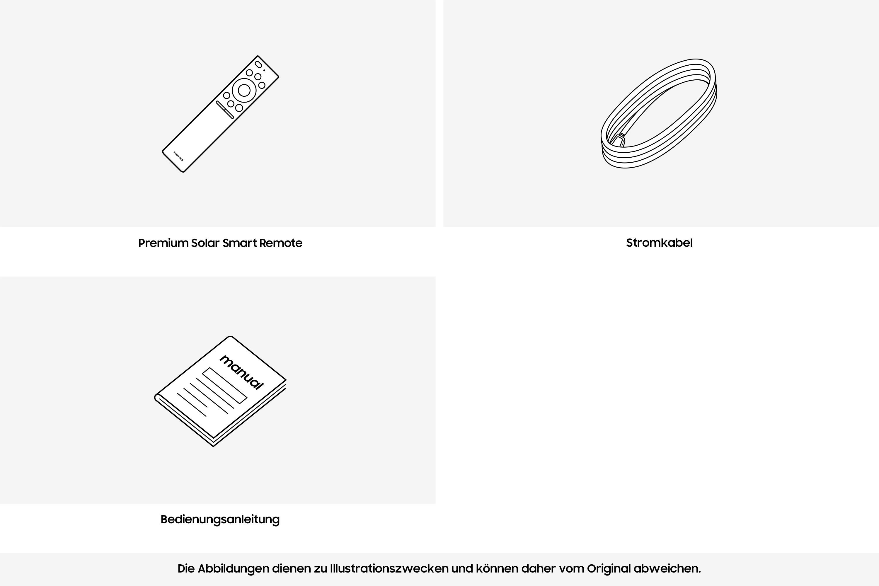 L'immagine mostra un telecomando, un cavo di alimentazione e un manuale in bianco e nero su sfondo grigio chiaro.