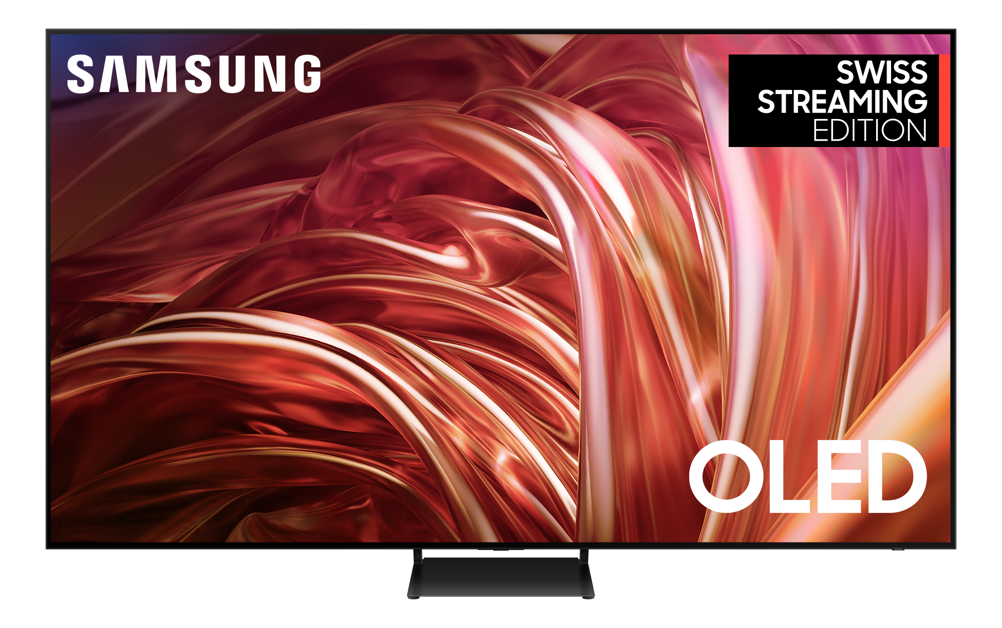 Ein Samsung OLED-Fernseher. Der Bildschirm zeigt ein wirbelndes, abstraktes Design in Rot- und Goldtönen. Der Fernseher hat einen schwarzen Rahmen.