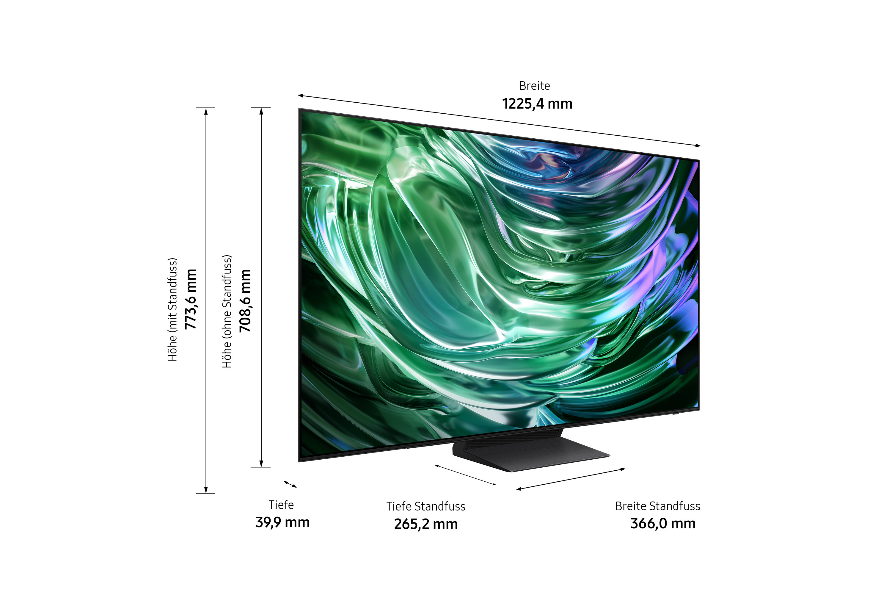 Un televisore mostra dimensioni e misure. Lo schermo mostra un motivo astratto verde, blu e viola.