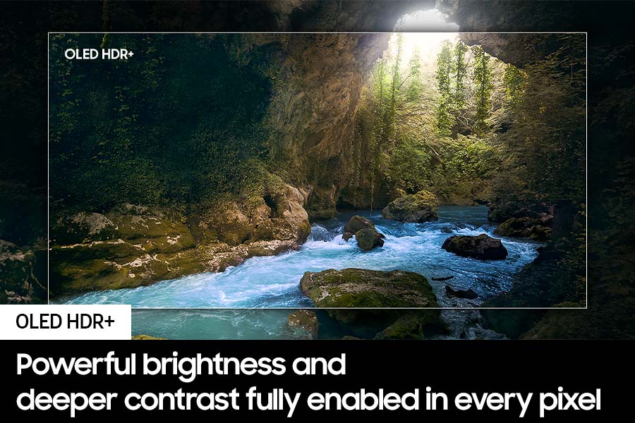 Un fiume scorre attraverso una grotta. L'acqua è blu. Alberi verdi e rocce lo circondano. Testo OLED HDR+ in alto.
