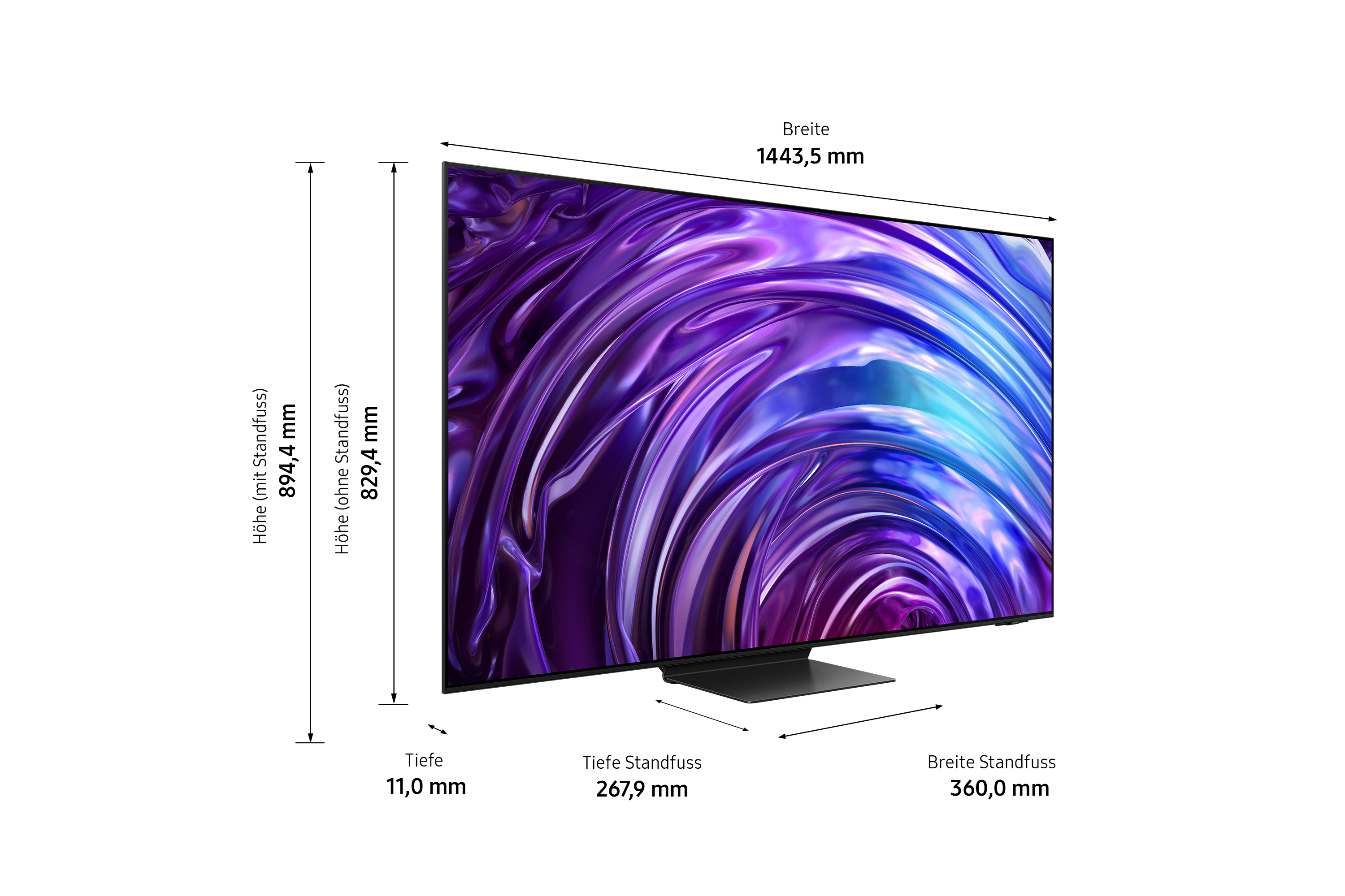 Una grande e moderna televisione con un display vibrante e astratto viola e blu. Le dimensioni sono indicate. Poggia su un supporto nero.