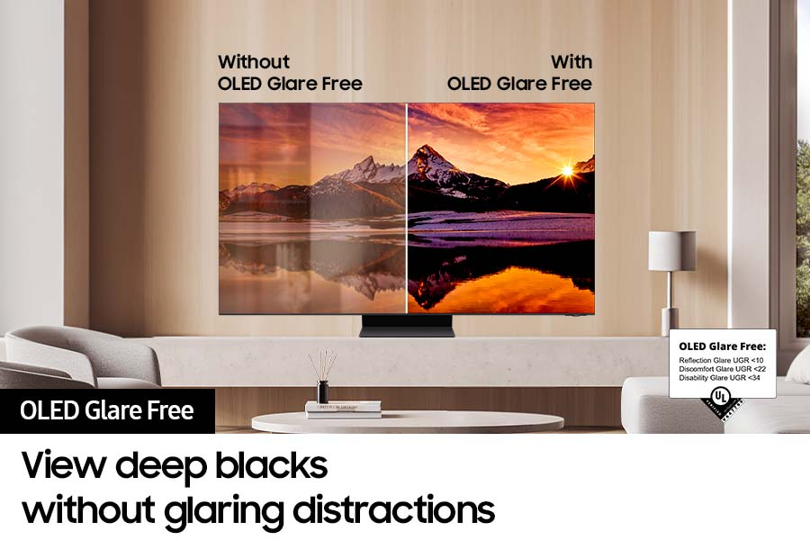 Schermo TV diviso, che mostra l'abbagliamento OLED. Un lato riflette la luce, l'altro è chiaro. Testo: 'Guarda i neri profondi senza distrazioni'.