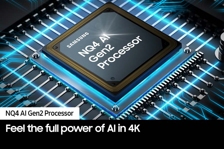 Primo piano di un chip Samsung NQ4 AI Gen2 Processor su un circuito stampato, con linee blu luminose e testo.