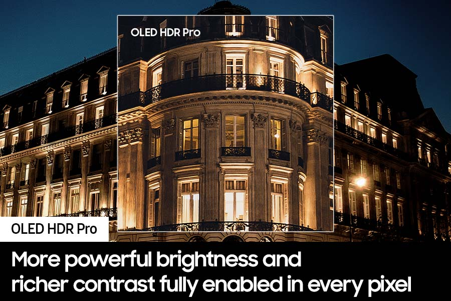 Scatto notturno di un edificio con finestre illuminate. Il testo "OLED HDR Pro" è visibile. L'edificio presenta dettagli architettonici.
