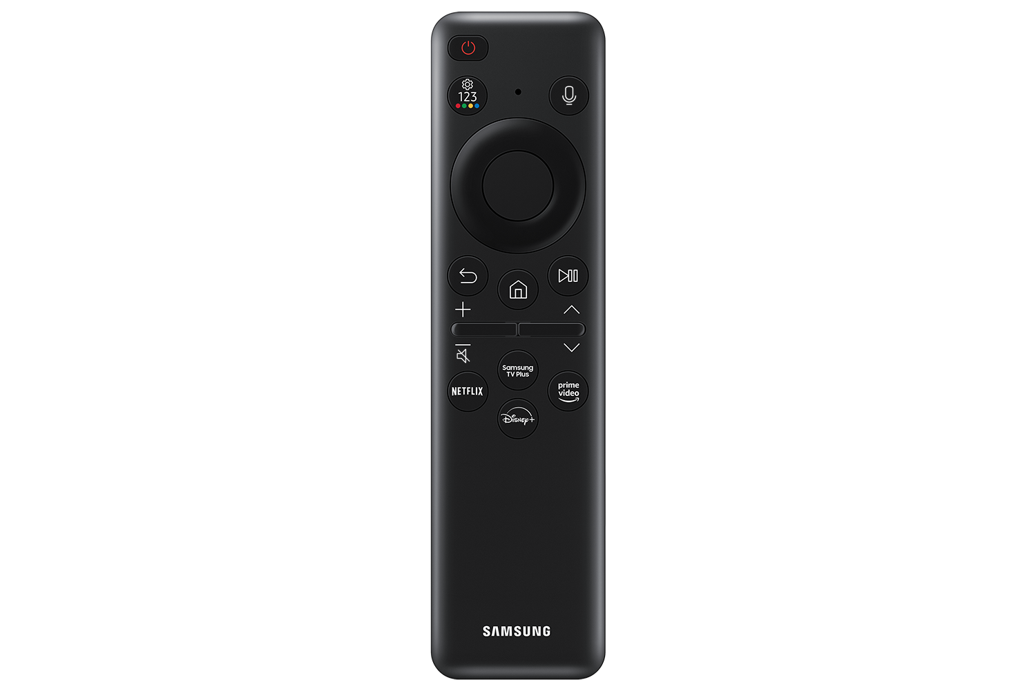 Telecomando Samsung nero. Ha pulsanti di accensione, microfono, navigazione e servizi di streaming.