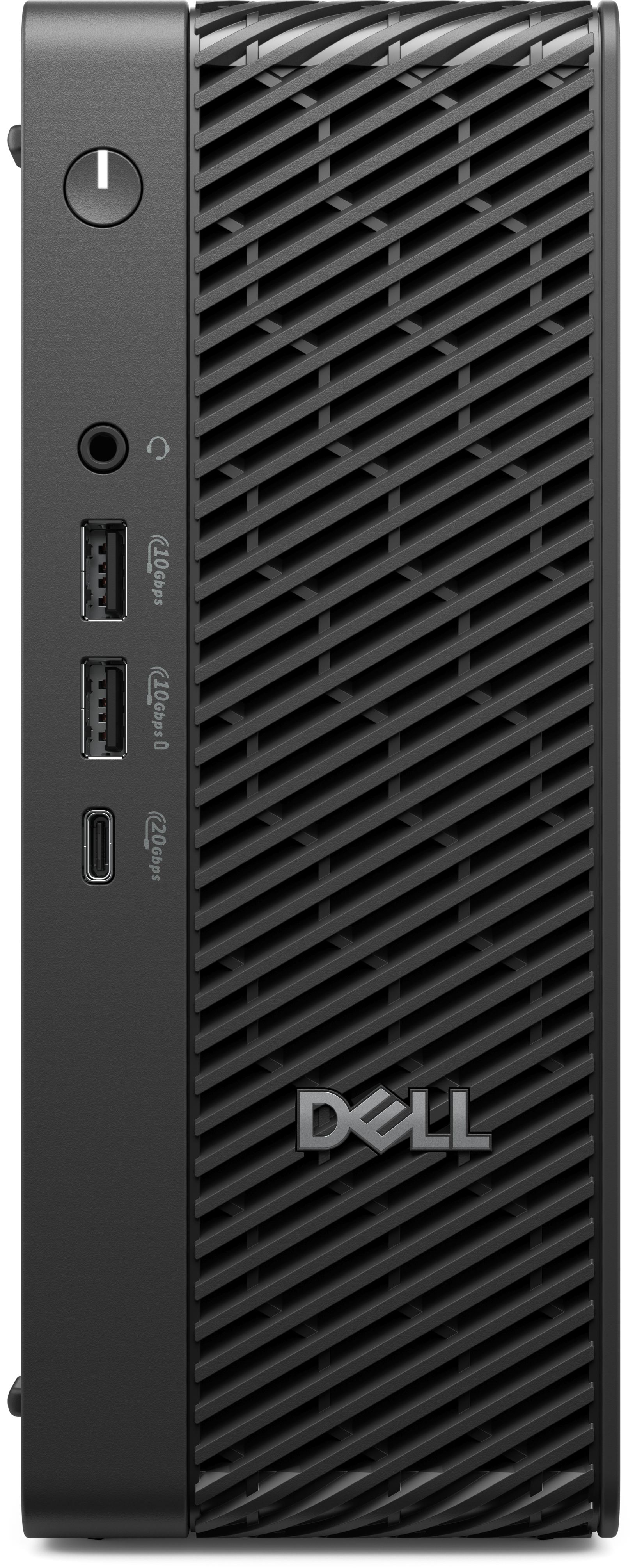 Schwarzer Dell-Computerturm. Mit Ein-/Aus-Taste, USB-Anschlüssen, Audioanschluss und einer gemusterten Frontplatte mit Dell-Logo.