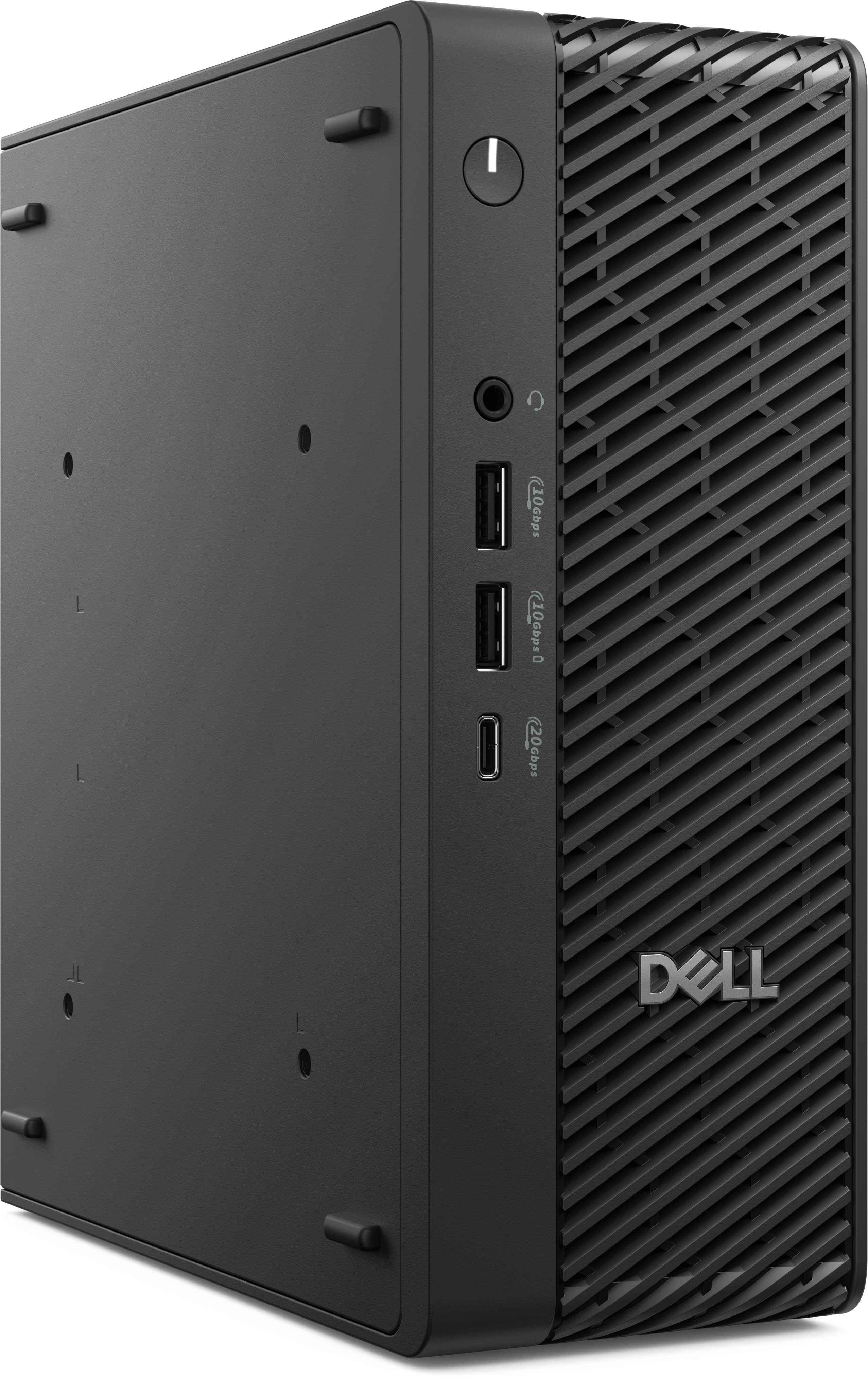 Schwarzer Dell-Desktop-Computer. Er hat Anschlüsse, einen Einschaltknopf und eine strukturierte Seitenwand.