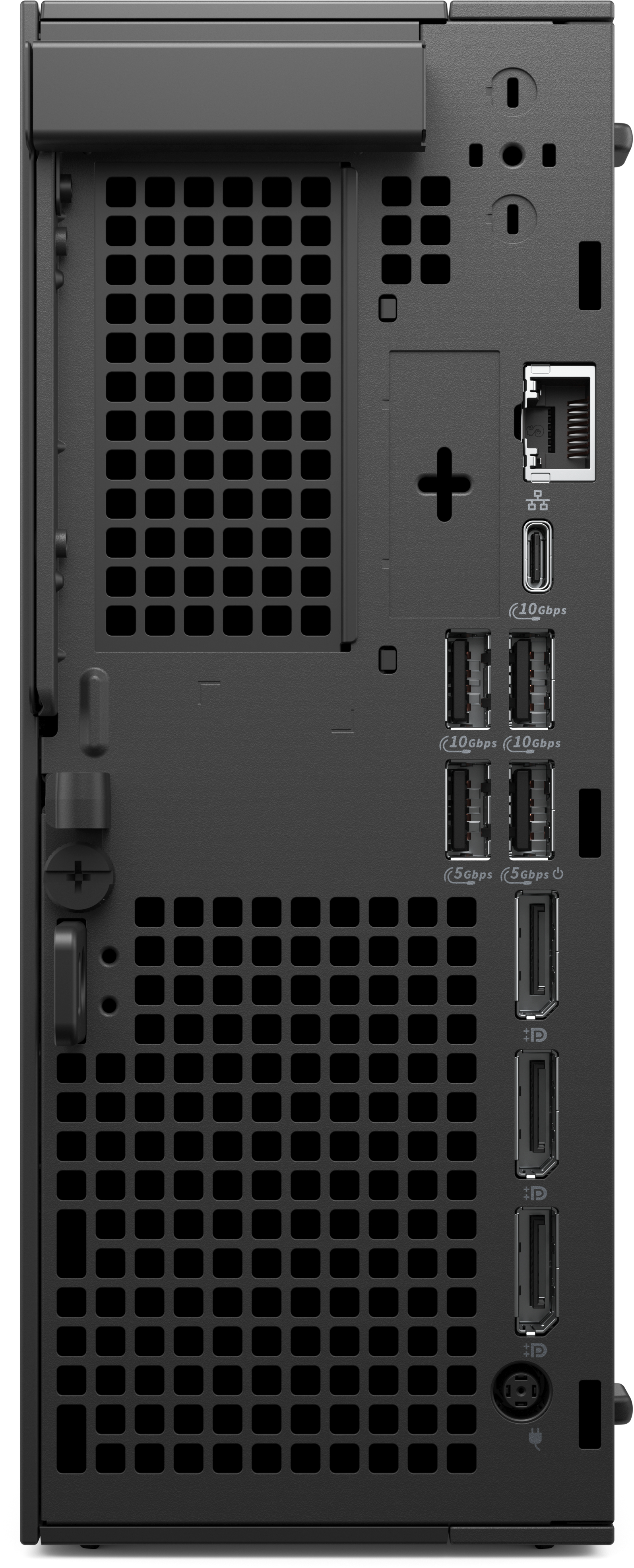 Schwarze Computer-Rückwand mit Lüftungsschlitzen, Anschlüssen und Steckern. Enthält USB-, Ethernet-Anschlüsse und Stromeingang.