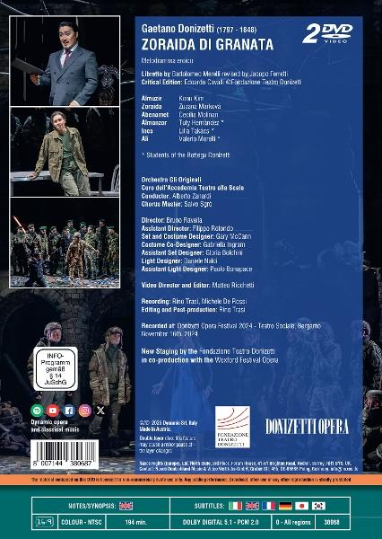 DVD-Hülle mit Schauspielern und Details der Oper "Zoraida di Granata". Enthält Besetzung, Crew und Produktionsinformationen.