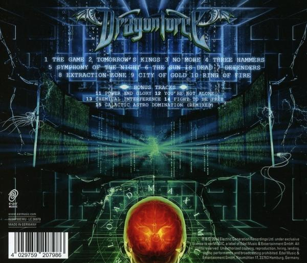 Albumcover mit Dragonforce-Logo. Tracks über einer leuchtenden Gehirngrafik. Barcode und Copyright-Informationen unten.