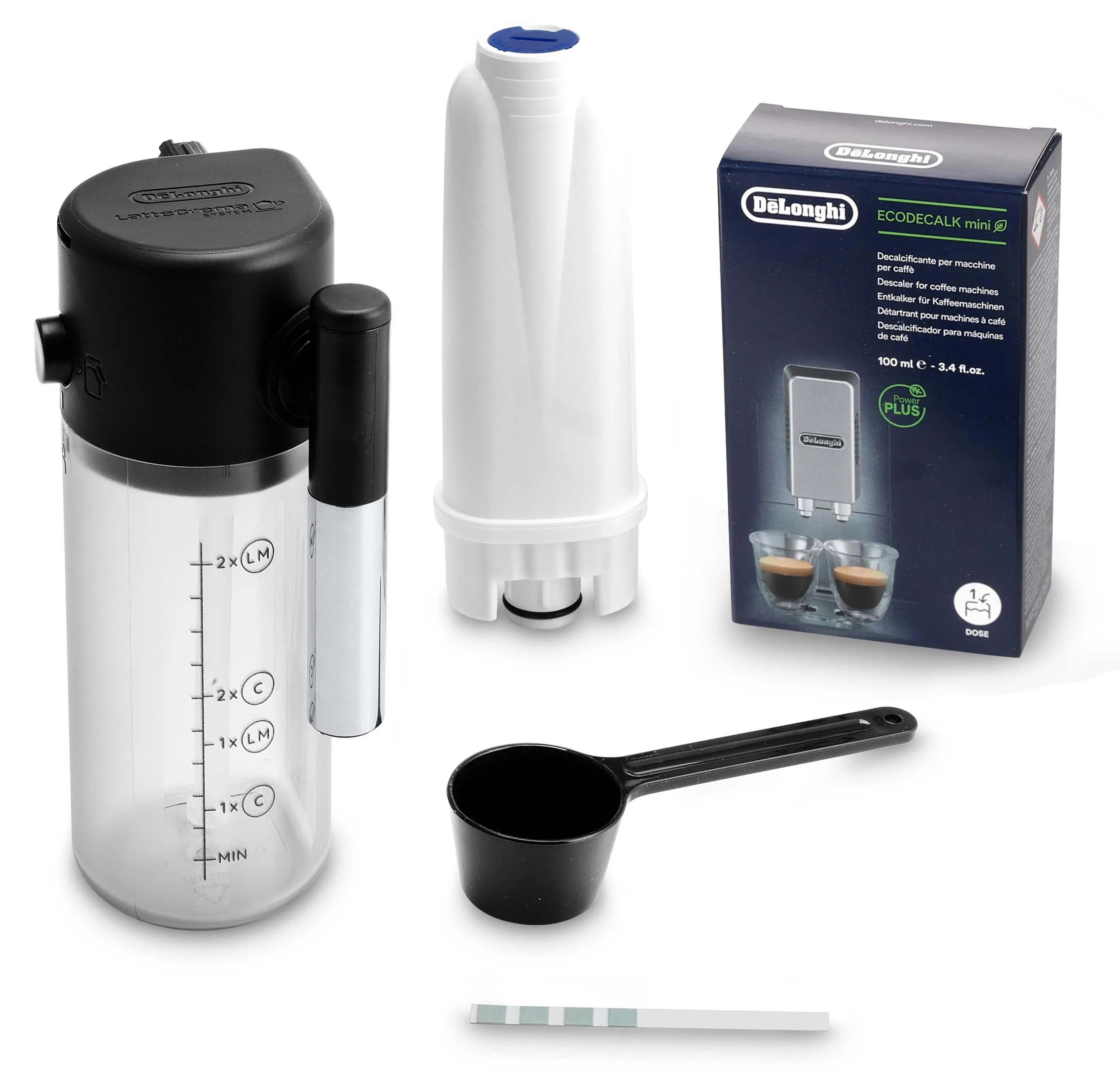 Różne akcesoria do ekspresu do kawy, w tym odkamieniacz, filtr, miarka i pasek testowy, na białym tle.