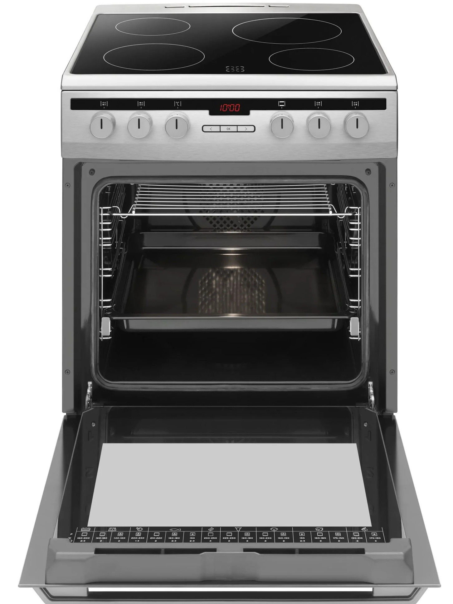 Elektryczny piekarnik ze stali nierdzewnej z otwartymi drzwiami. Wnętrze piekarnika ma ruszty i tacę. Płyta grzejna ma cztery palniki.