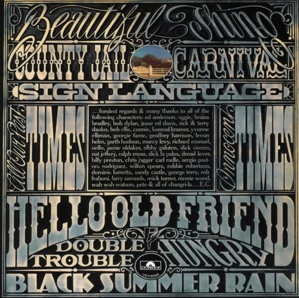 Albumcover mit kunstvollem Text, einem Klavier und einer kleinen Landschaft. Titel sind unter anderem 'Beautiful', 'County Jail'.