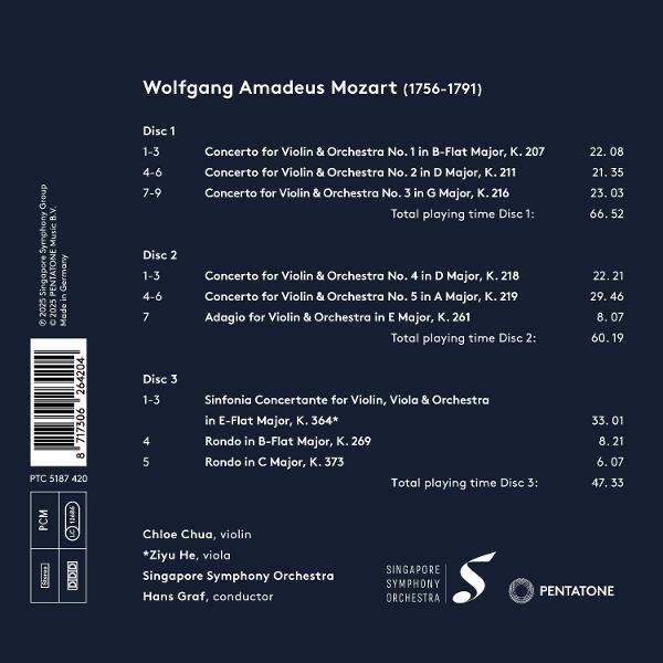 CD-Cover mit Text über ein Mozart-Album. Es listet Titel, Interpreten und das Singapore Symphony Orchestra auf.