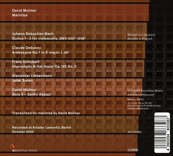 CD-Cover mit musikalischen Details: Komponisten, Titel und Marimba-Credits. Der Hintergrund ist ein Gittermuster aus Braun- und Beigetönen.