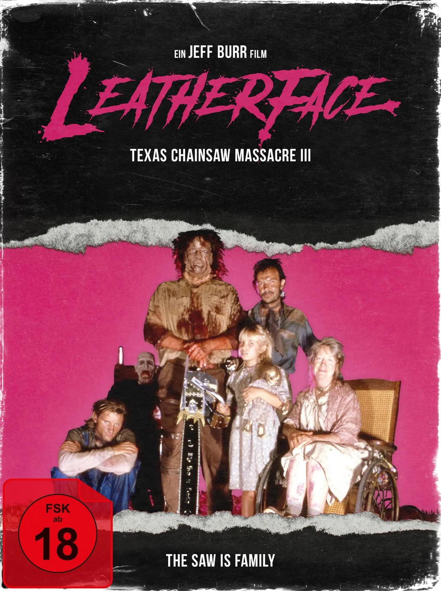 Filmplakat für Leatherface, Texas Chainsaw Massacre III. Zeigt eine Gruppe von Menschen, einige mit Blut, und eine Kettensäge.