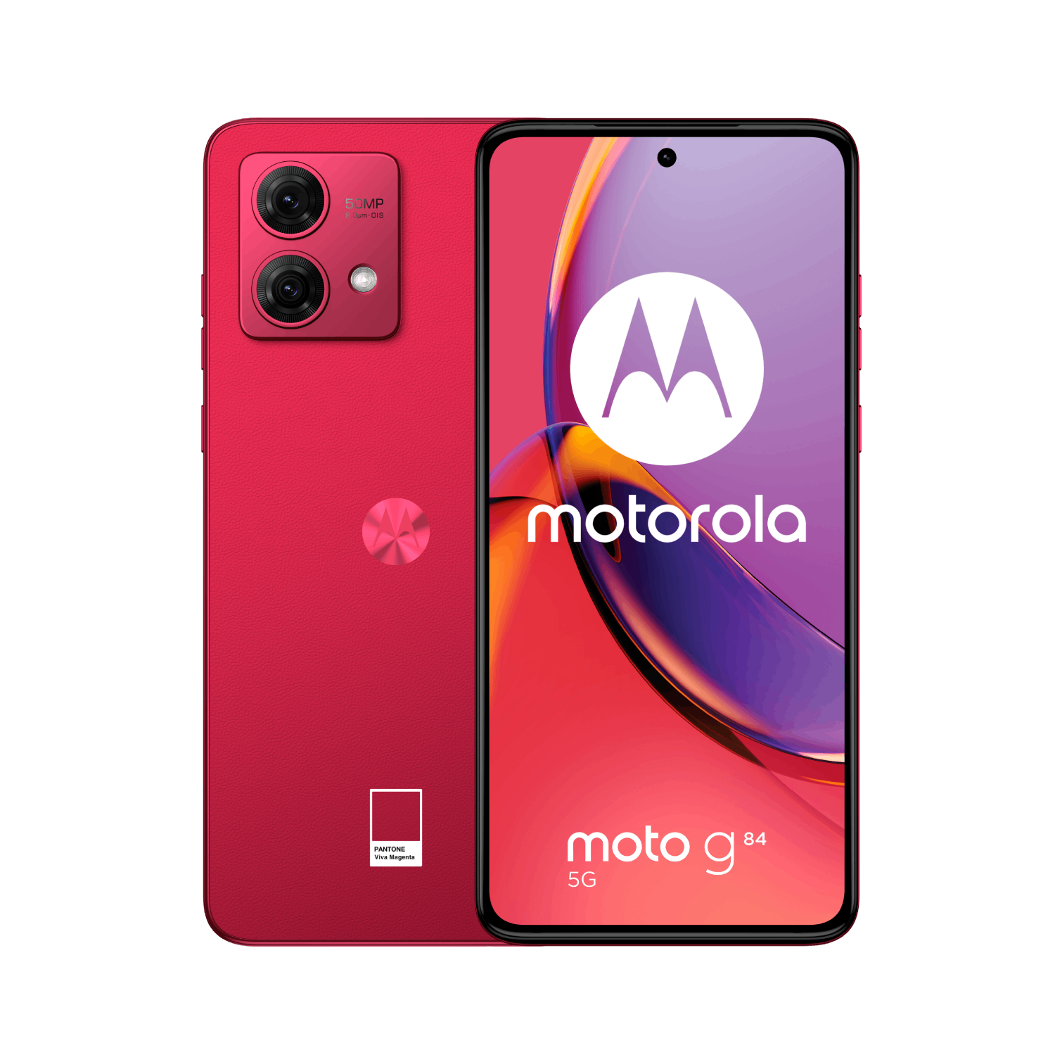 Un teléfono rojo Motorola Moto G84 5G. Muestra el logotipo de Motorola. El teléfono está sobre un fondo negro.