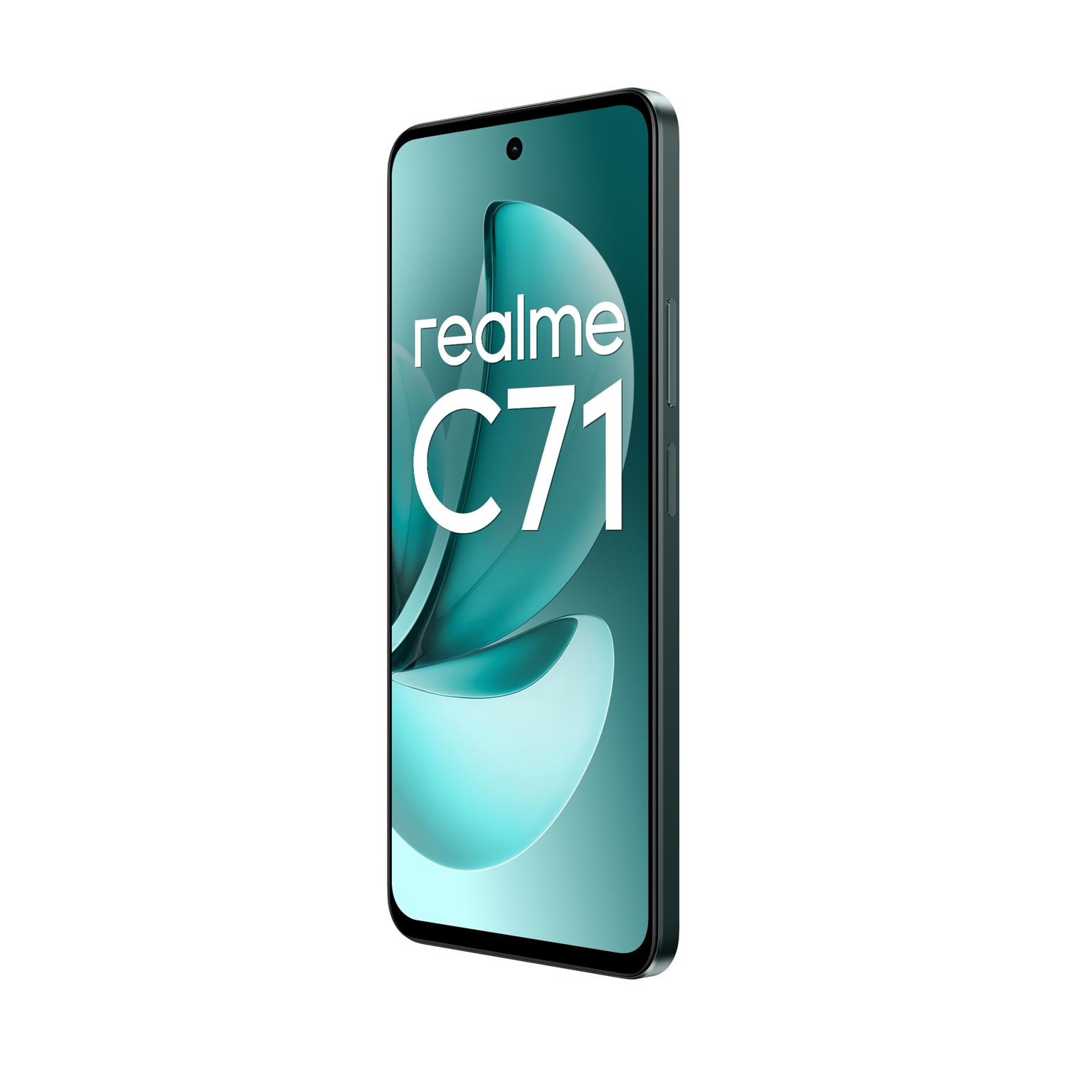 Uno smartphone con uno schermo che mostra 'realme C71'. Ha una cornice nera e un design turchese sullo schermo. Lo sfondo è bianco.